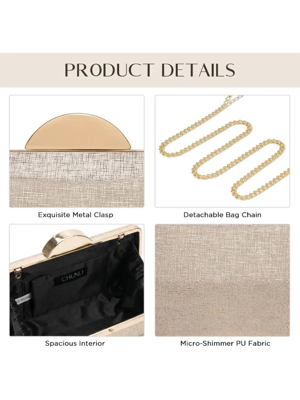 👜 Women's Tan Champagne Clutch Formal Elegance Evening Glitter Handbags